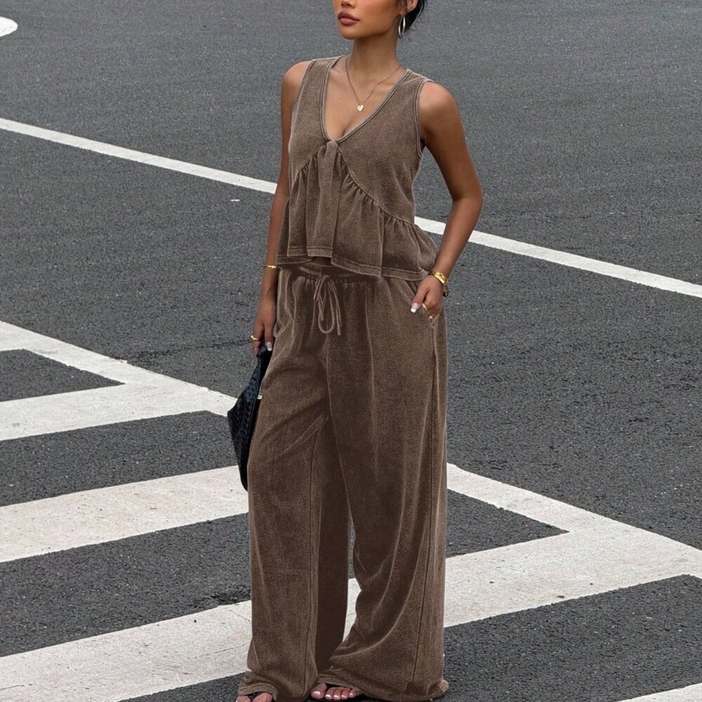 Brown Casual Women's Two-Piece Outfit with V-Neck Ruffle Top and Wide-Leg Pants - Picture 3 of 5